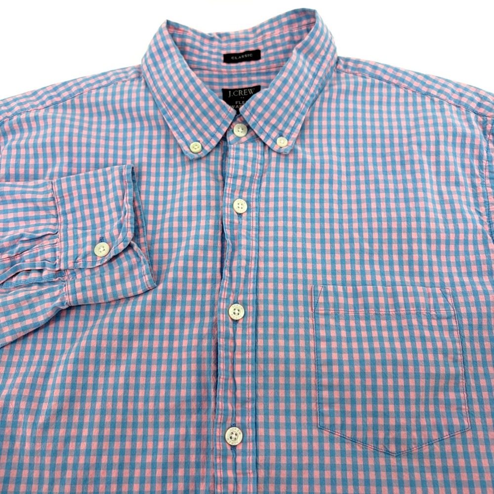 J. Crew Mens Flex Washed Classic Fit Gingham Shirt Pink Blue Large L Long Sleeve